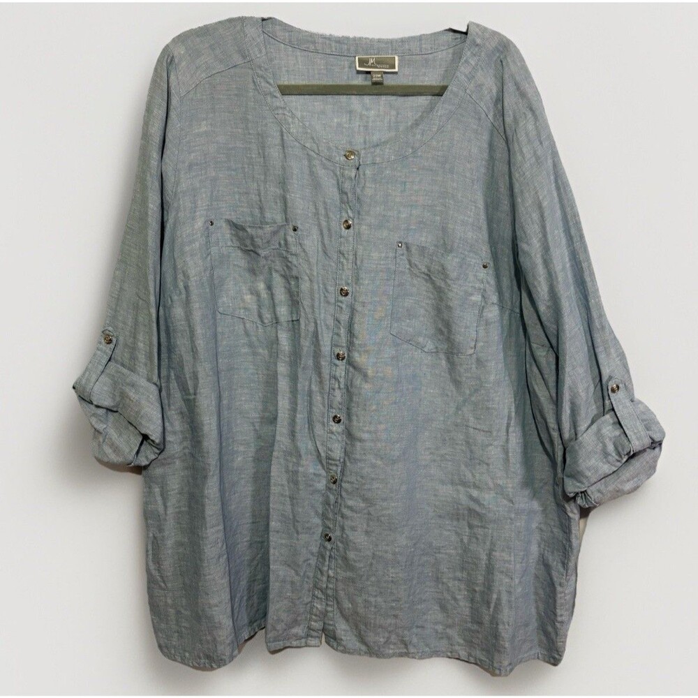 JM Collection Plus Size 20W Button-Down Linen Blouse Blue Beach Resort Coastal
